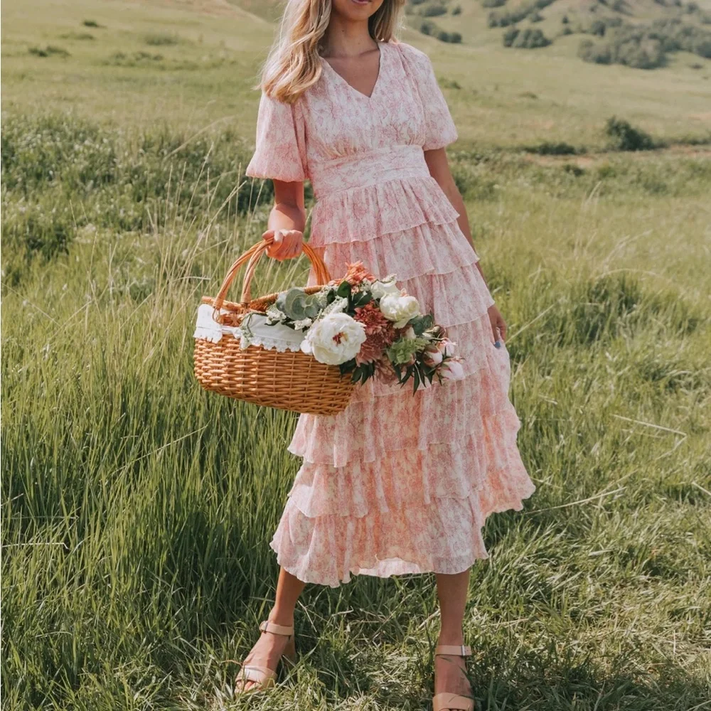 Elegant Pink Ruffle Midi Dress - Picture 2 of 9